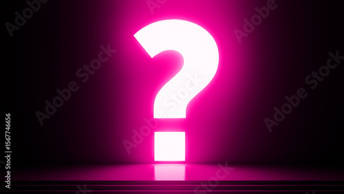 Canvas Print Bright white question mark glowing in a pink room, casting reflections on the st