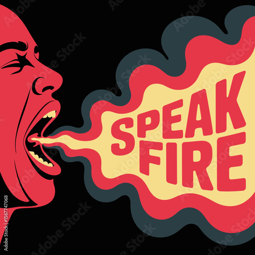A stylized graphic illustration depicts a person speaking with fiery words emanating from their mouth conveying a powerful message or passionate speech