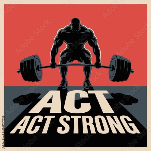 Powerful silhouette of a muscular man in a deadlift pose with a barbell embodying strength and determination with the motivational text act act strong against a bold red and cream background