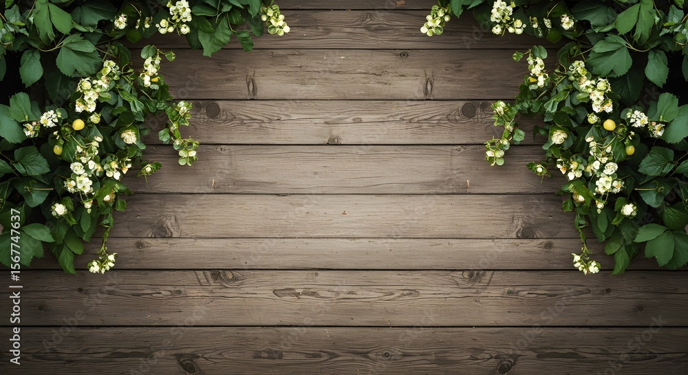 Fresh White Flowers Framing Rustic Wooden Background Fresh White Flowers Framing Rustic Wooden Background