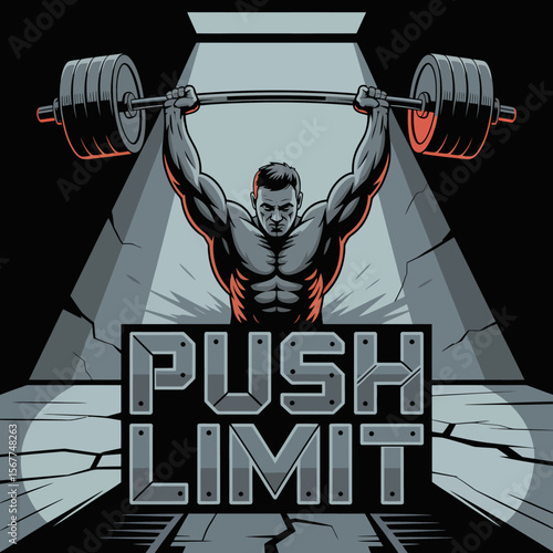A powerful muscular man lifts a heavy barbell overhead with determination symbolizing strength and pushing personal limits in a dramatic stylized gym environment