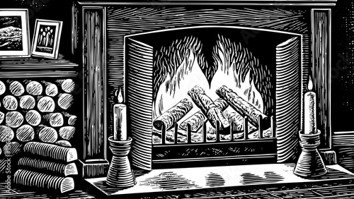 cozy fireplace with firewood and mantle, great for winter holiday branding, lodge-themed decor or cozy living ads vector a black and white line art illustration