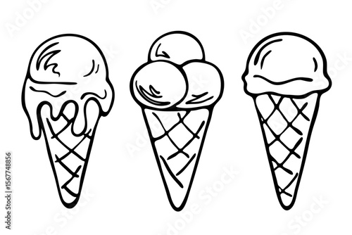 Hand drawn ice cream in waffle cone, doodle sketch isolated on white. One melted ice ball in waffle cone and three gelato scoops. Black and white line drawing. Vector clipart.