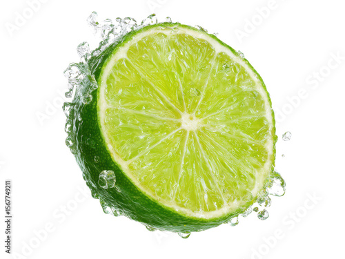 Juicy lime half with refreshing water splashes citrus fruit, Isolated, Transparent Png
