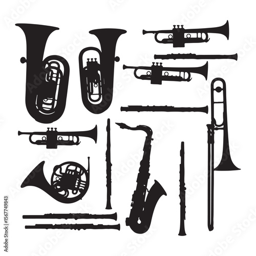 Brass wind instruments and woodwind instruments collection tuba euphonium
