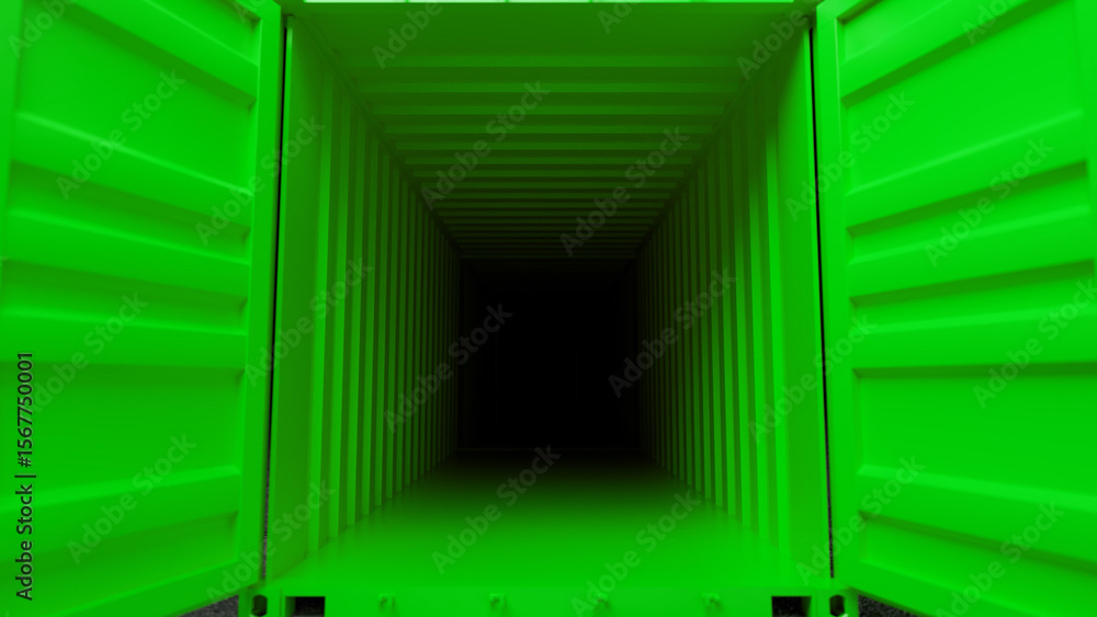 Bright green shipping container with open doors revealing a dark and mysterious interior, symbolizing the unknown in global logistics and transportation Bright green shipping container with open doors revealing a dark and mysterious interior, symbolizing the unknown in global logistics and transportation