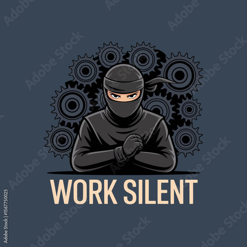 Stealthy ninja with gears behind focused and determined embodying the motto work silent representing quiet efficiency and strategic planning