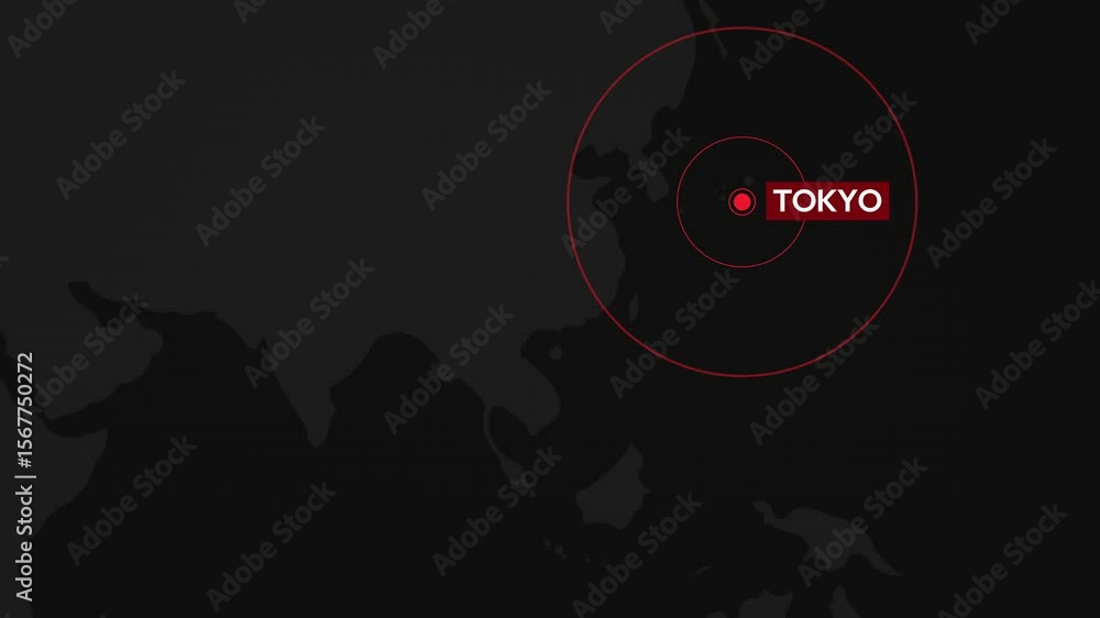 News and earthquake concept with blinking dot on Tokyo, map, breaking, headline