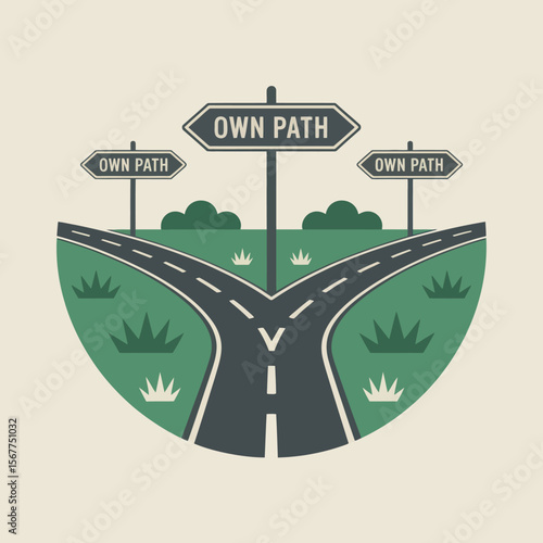 A stylized illustration of a road splitting into two paths with signs pointing in different directions indicating own path symbolizing choice and individuality