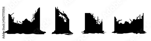 Silhouettes set of urban buildings with heavy war damage. High-rise structures partially standing, debris at base, fractured walls and frames indicating recent attack, bombing, or seismic destruction.