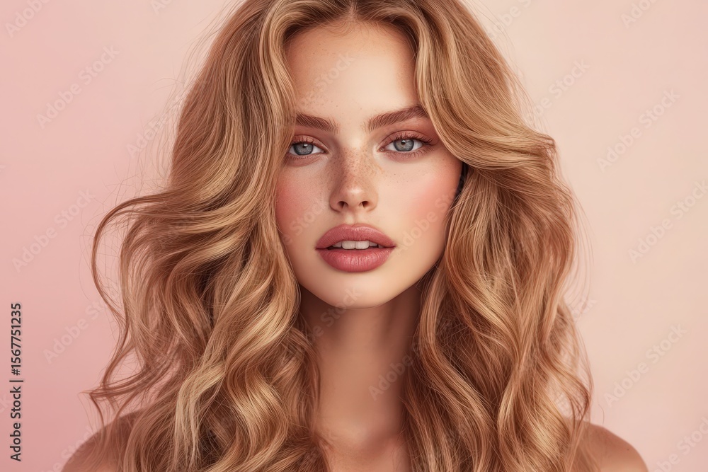Fototapeta premium Close-up portrait of a woman with voluminous blonde hair.