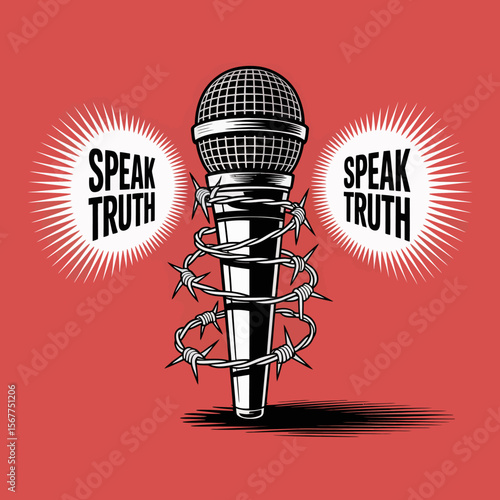 Microphone wrapped in barbed wire with the words speak truth on either side symbolizing censorship and the struggle for free speech and expression