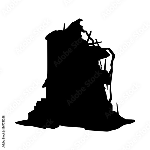 Silhouette set of urban building with heavy war damage. High-rise structures partially standing, debris at base, fractured walls and frames indicating recent attack, bombing, or seismic destruction.