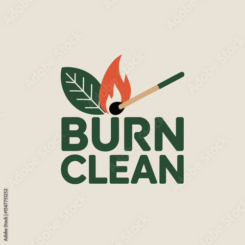 Burn clean logo with a green leaf and a lit match igniting a flame symbolizing eco friendly and sustainable practices