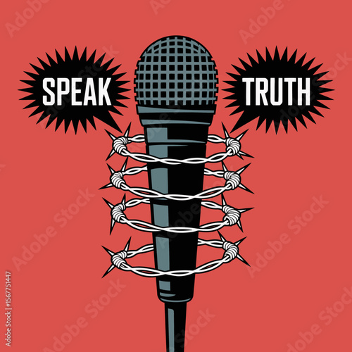 A microphone wrapped in barbed wire with the words speak and truth in speech bubbles symbolizing censorship and the struggle for free expression