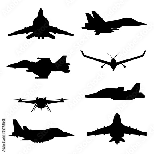Silhouettes of fighter jets, drones, and UAVs in top, side, and front views isolated on transparent background. Combat aircraft design and unmanned aerial systems in modern warfare. War visuals
