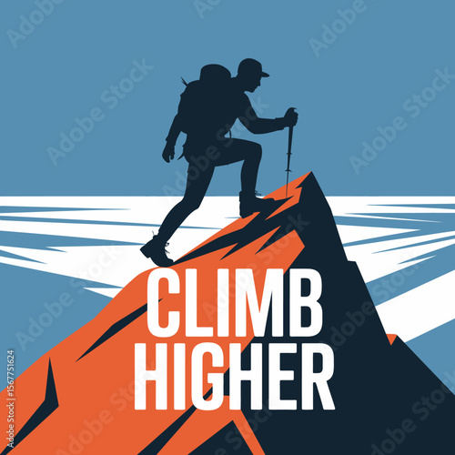 Silhouette of a determined hiker with a backpack and trekking poles ascending a rocky mountain peak against a stylized blue sky and abstract water or snow
