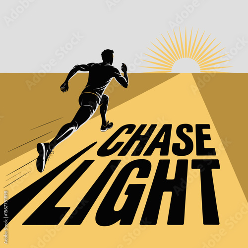 Silhouette of a determined runner chasing the light of a rising sun on a golden path symbolizing aspiration and forward momentum