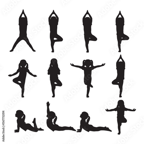 Children performing various yoga poses stretching balance