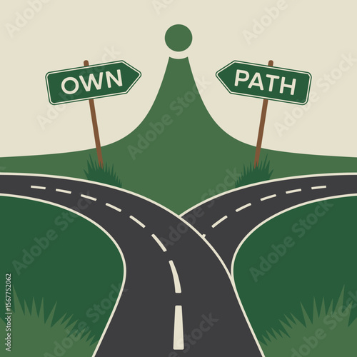 A road forks into two directions with signs pointing to own and path representing a choice or decision about one s personal journey