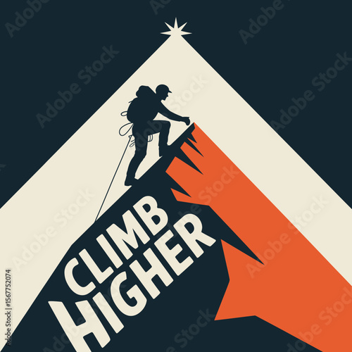 Silhouette of a determined climber ascending a steep mountain peak towards a shining star with the inspiring text climb higher prominently displayed