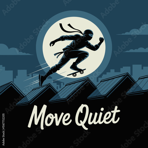 A stealthy ninja in black attire rides a skateboard across rooftops under a large full moon with city skyline in the background