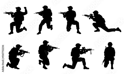 Set of vector silhouettes of tactical soldiers, military men in battlefield stances, aiming rifles from crouched and standing positions, depicting modern warfare, combat strategy, and armed readiness