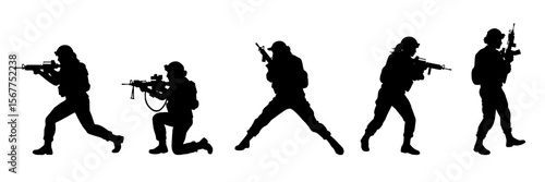 Vector silhouettes of female soldiers on duty, troops, military women, armored army in various combat poses isolated on white background. War, conflict, battlefield concept
