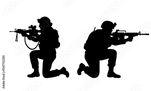 Silhouette of military man and woman kneeling aiming with weapons in hand in a pose of readiness for battle. Armored army, soldiers, troops isolated on transparent background