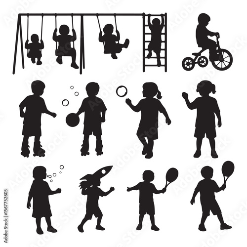 Children playing on swings climbing bike blowing bubbles playing ball and tennis playground bicycle