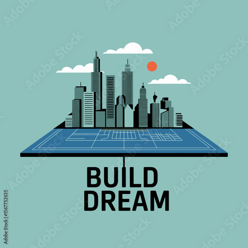 Conceptual illustration of a cityscape emerging from architectural blueprints symbolizing urban development and the realization of dreams with a minimalist aesthetic