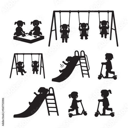Children playing on swings slides and scooters playground