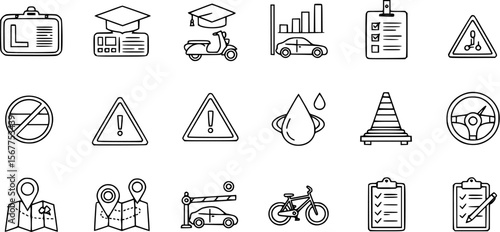 Driving School and Road Safety Line Art Icon Set