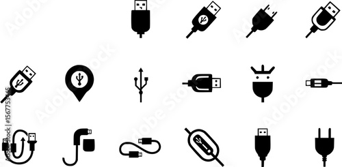 Set of USB and power cord icons in black on white background