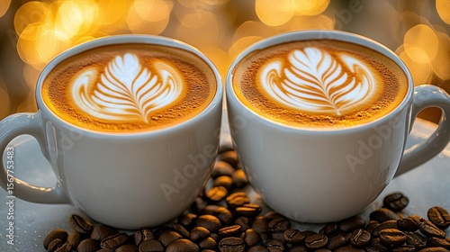 Two latte art coffees, cafe setting, golden bokeh background