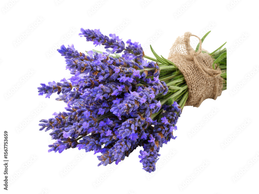 Fototapeta premium Fragrant purple lavender stalks tied with burlap floral botanical, Isolated, Transparent Png