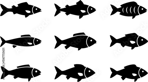 Set of fish icons, vector illustration. Black fish silhouettes on white background.