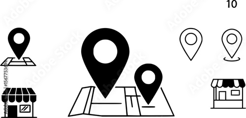 Location Icons Set - Map Pins and Shop Storefront Vectors