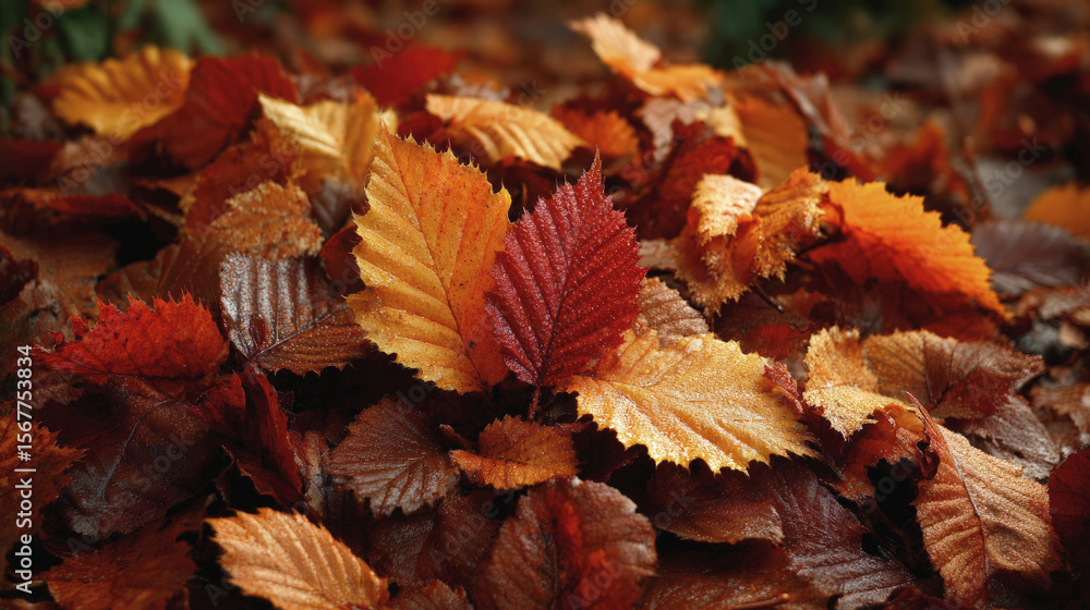 Obraz premium Autumn fallen leaves in warm brown, red, and golden tones, close-up texture view in forest floor, symbolizing seasonal change and natural beauty.