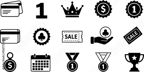 Collection of vector black icons with a variety of business, award, and casino related symbols
