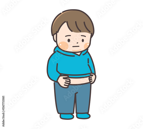 ぽっちゃり体型の小学生男子がお腹周りを気にするイラスト