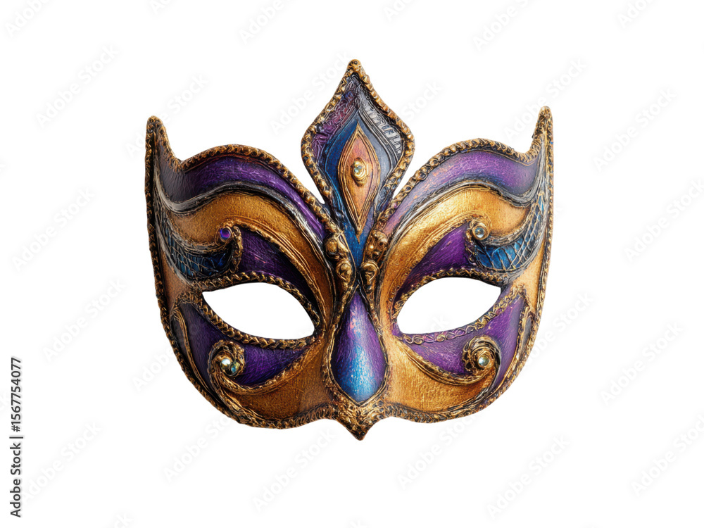 Fototapeta premium Ornate purple gold blue Venetian masquerade mask with jewels image, Isolated, Transparent Png
