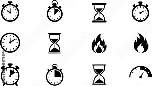 Time and Urgency Icons Set: Clock, Stopwatch, Hourglass and Flame