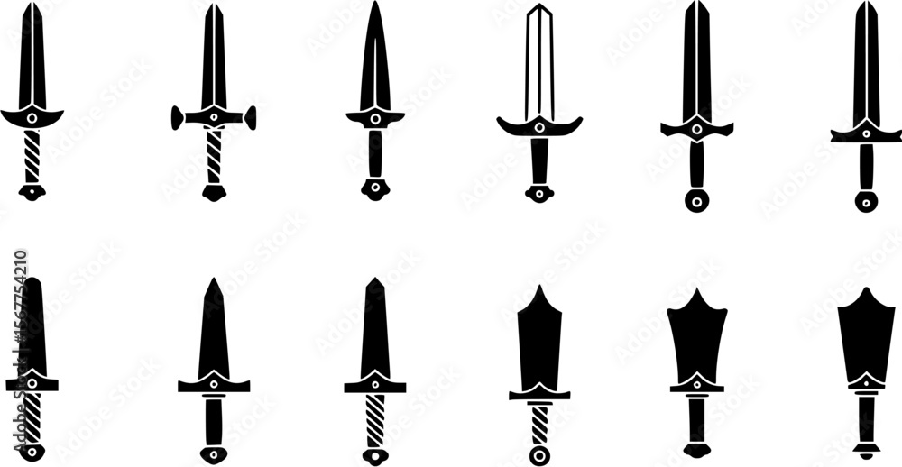 Naklejka premium Set of Swords Vector Icons, Weapon, Fighting Equipment