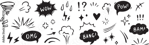 Comic boom cartoon effect line element set. Comic speech bubble pow, boom text, explosive splash smoke, wow cartoon vector icon. Hand drawn sketch doodle explosive element. Vector illustration