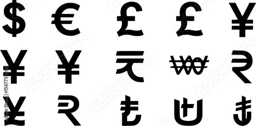 Collection of black currency symbols on white background