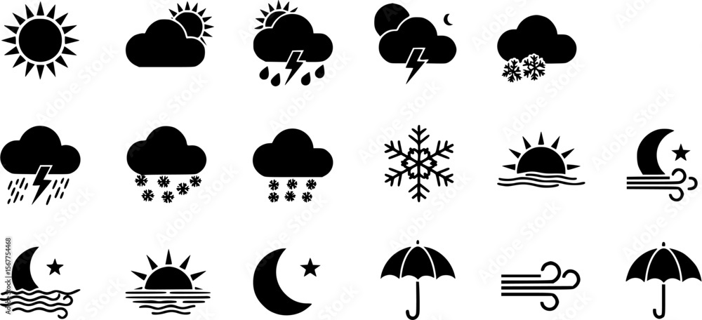 Black Weather Icon Collection on White Background Black Weather Icon Collection on White Background