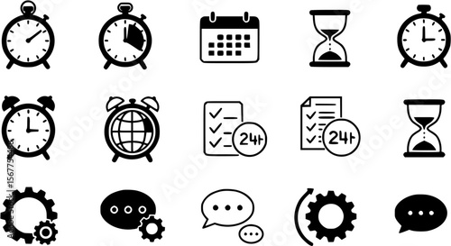 Time Management Icon Set - Alarm Clocks, Calendar, Hourglasses, and More