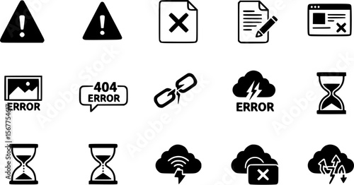 Set of error icons. Problem, failure, warning, attention, broken link, no internet connection. Vector illustration