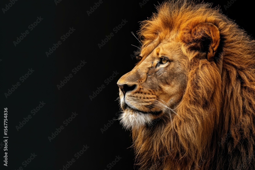 Obraz premium Profile of a majestic lion showing its strength and power, looking away on a dark background